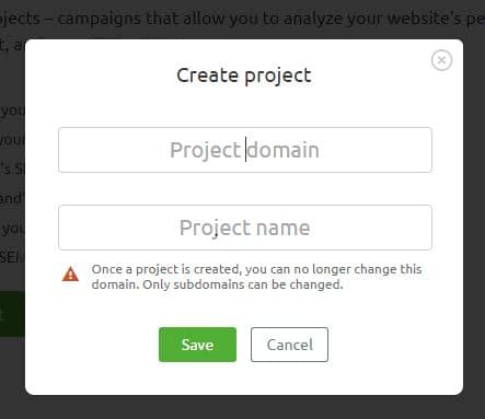 Adding a project in Semrush