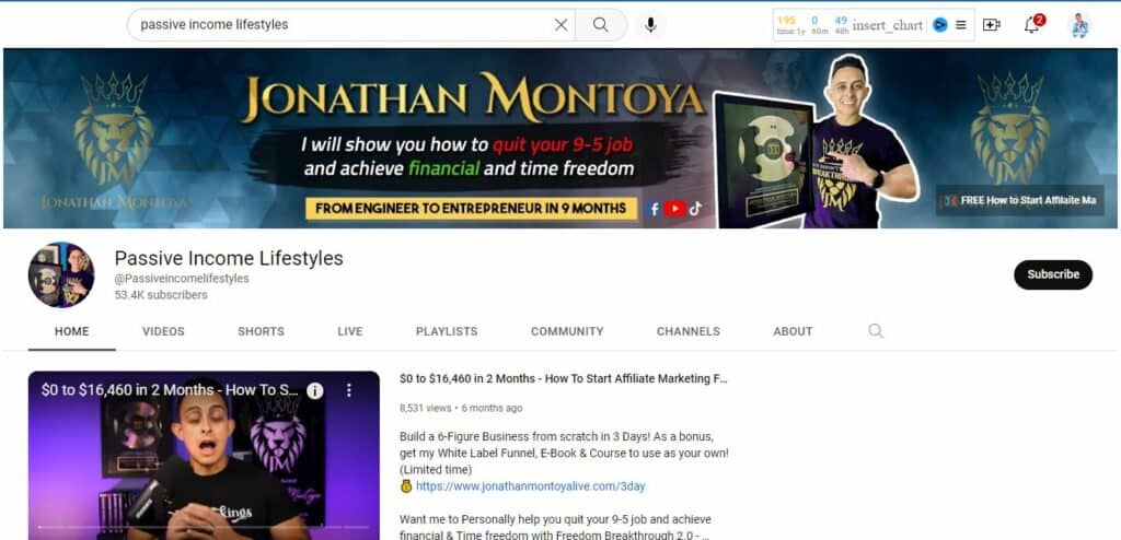 Passive Income Lifestyles(Jonathan Montoya) YouTube Channel