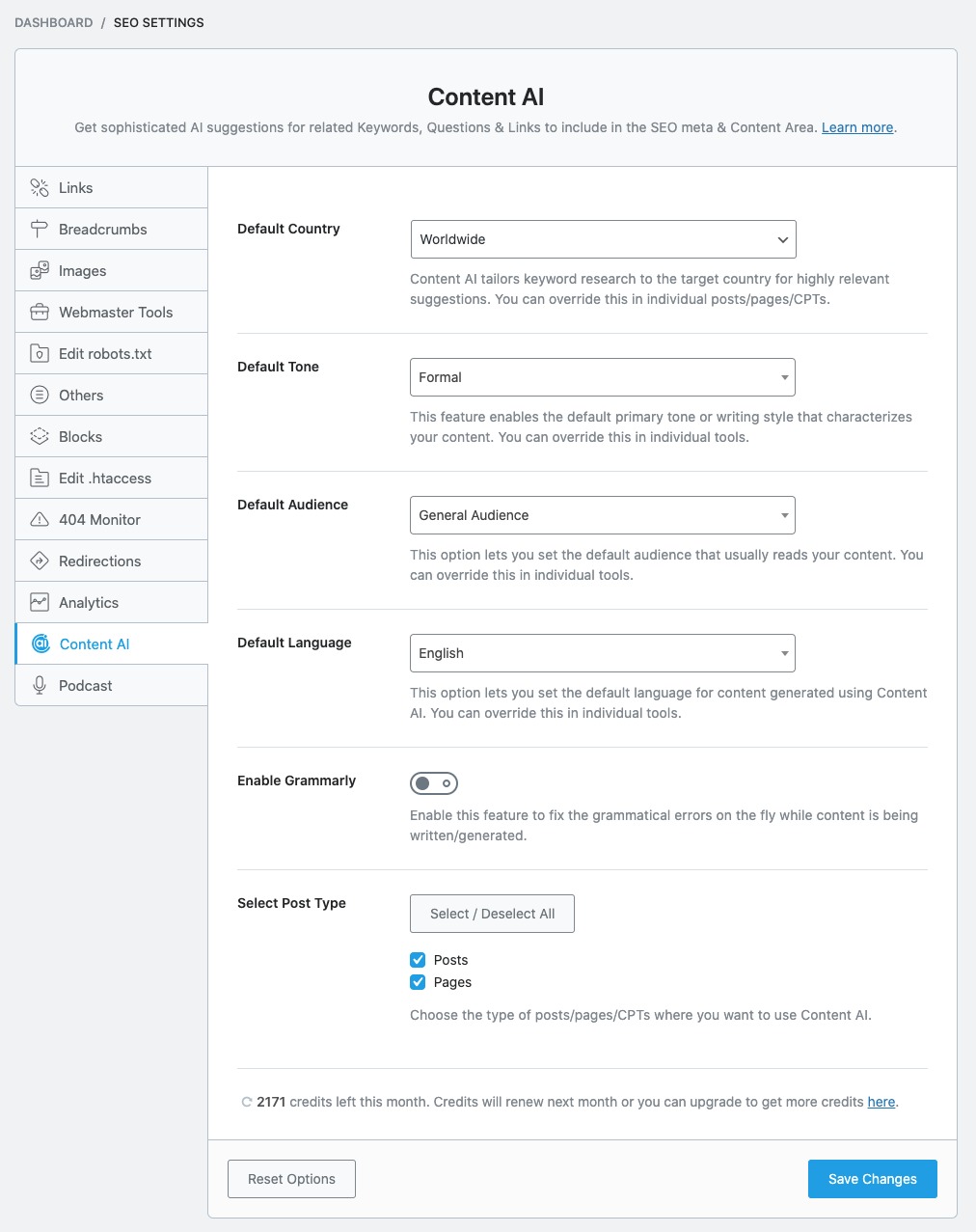 Content AI global settings