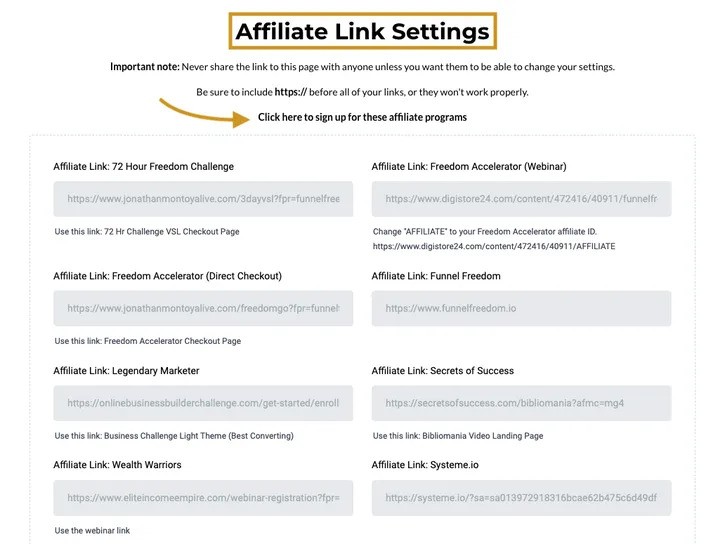 Funnel Freedom Affiliate Link Setting