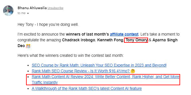 Rankmath Affiliate Contest Email