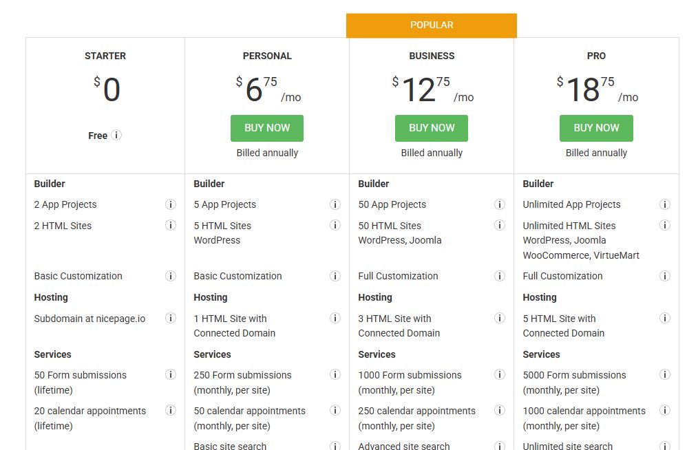 Nice Page Website Builder Pricing